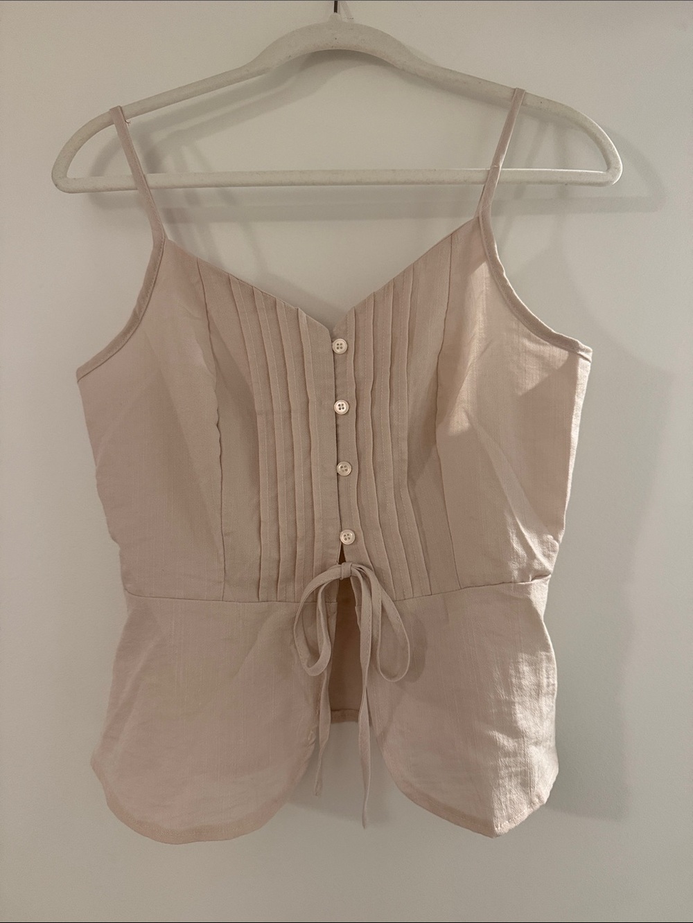 Beige Pintuck Button Front Spaghetti Strap Tank Top